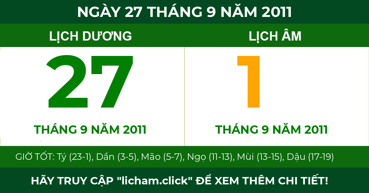 lịch âm ngày 27 tháng 9 năm 2011