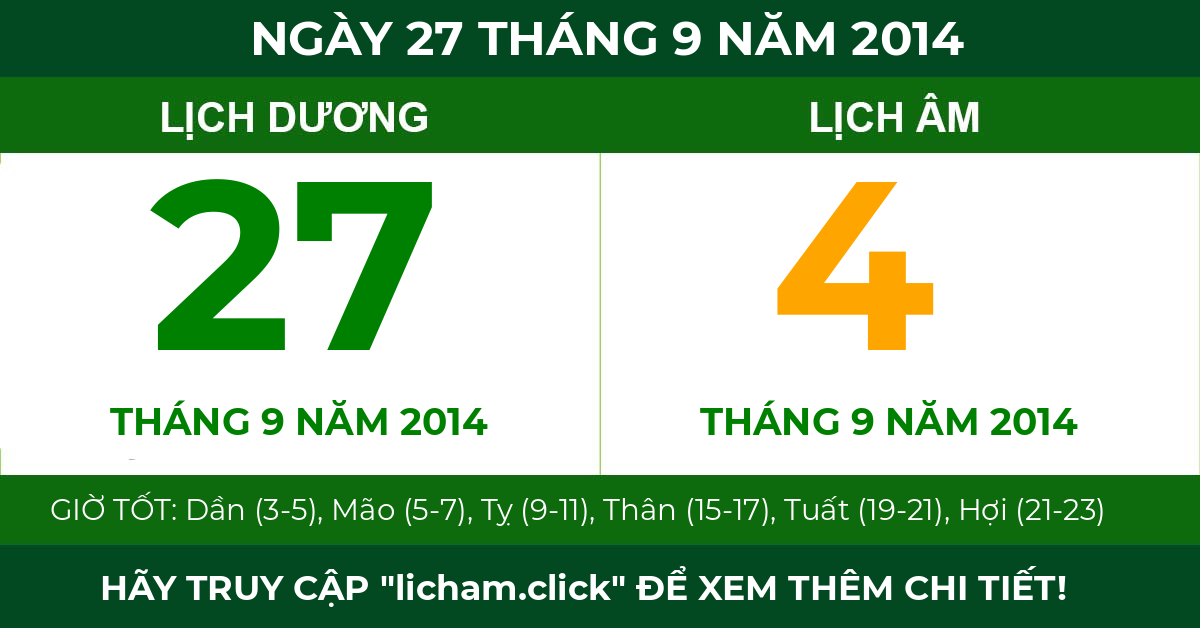 lịch âm ngày 27 tháng 9 năm 2014