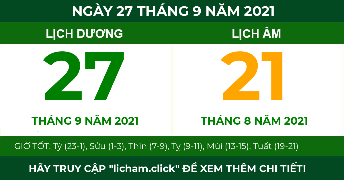 lịch âm ngày 27 tháng 9 năm 2021