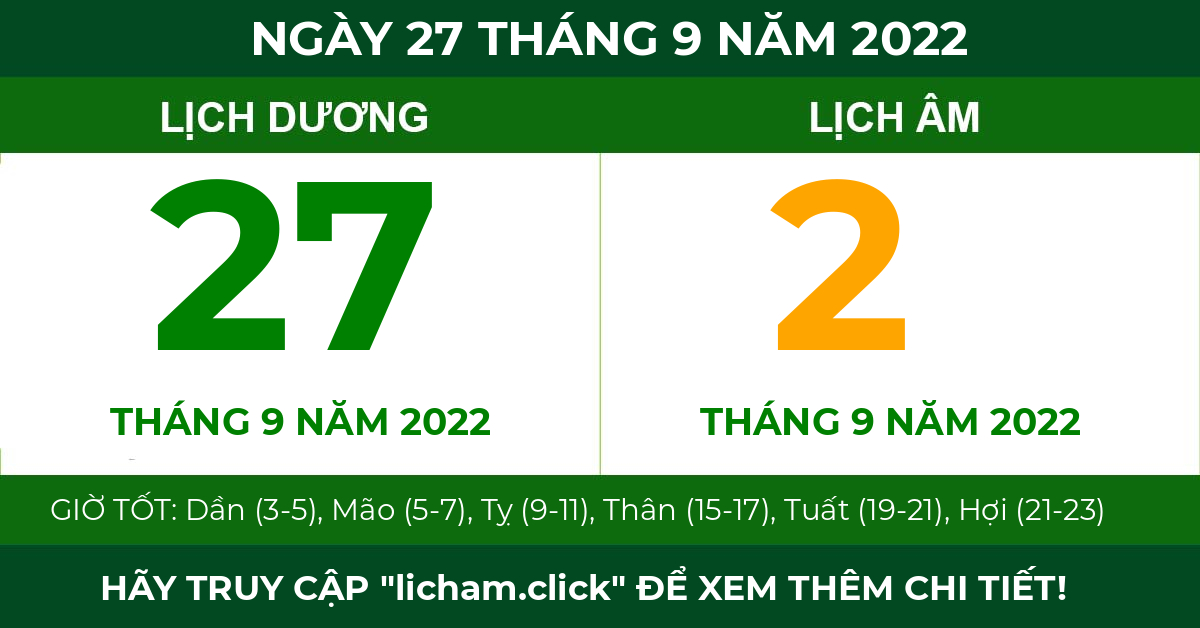 lịch âm ngày 27 tháng 9 năm 2022