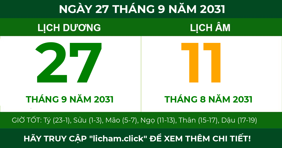 lịch âm ngày 27 tháng 9 năm 2031