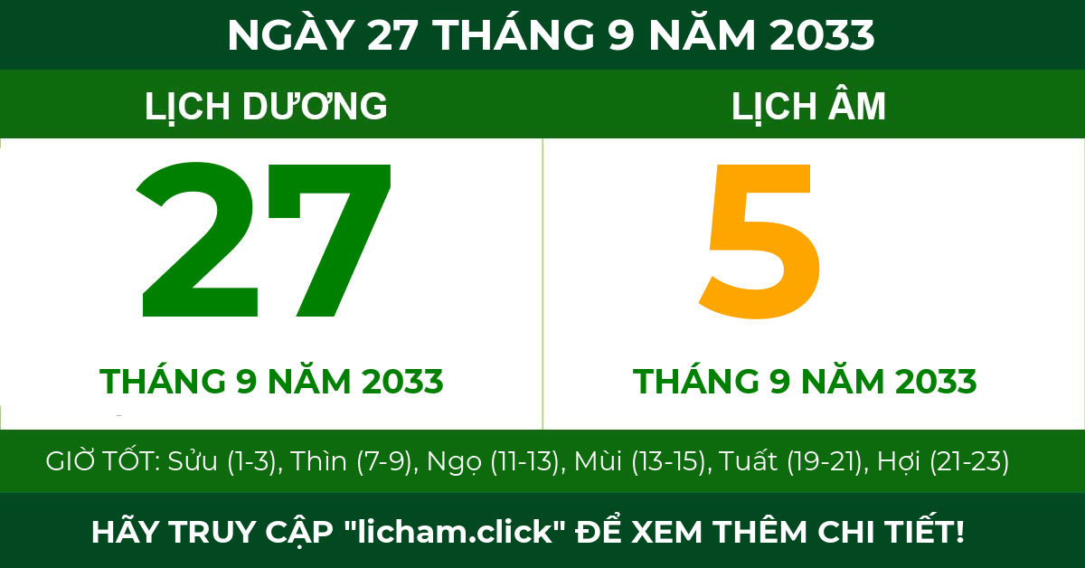 lịch âm ngày 27 tháng 9 năm 2033