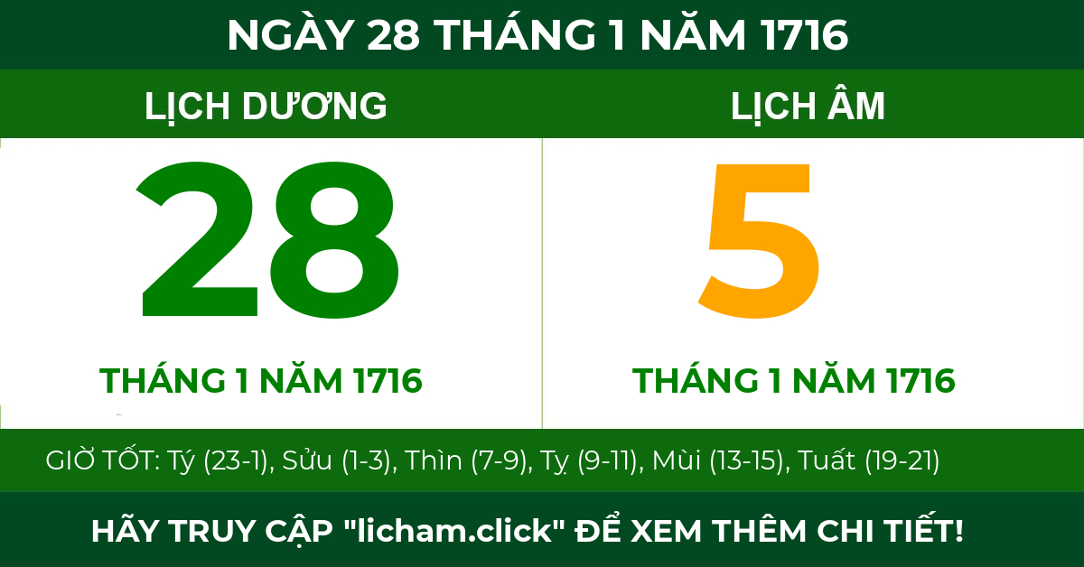 lịch âm ngày 28 tháng 1 năm 1716