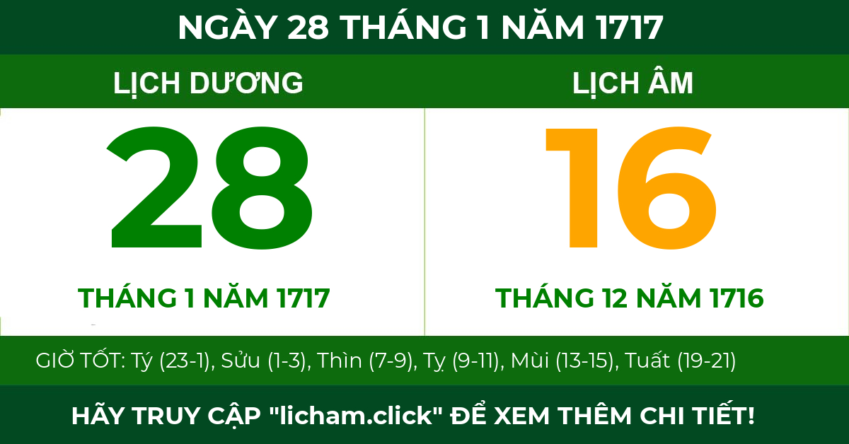 lịch âm ngày 28 tháng 1 năm 1717