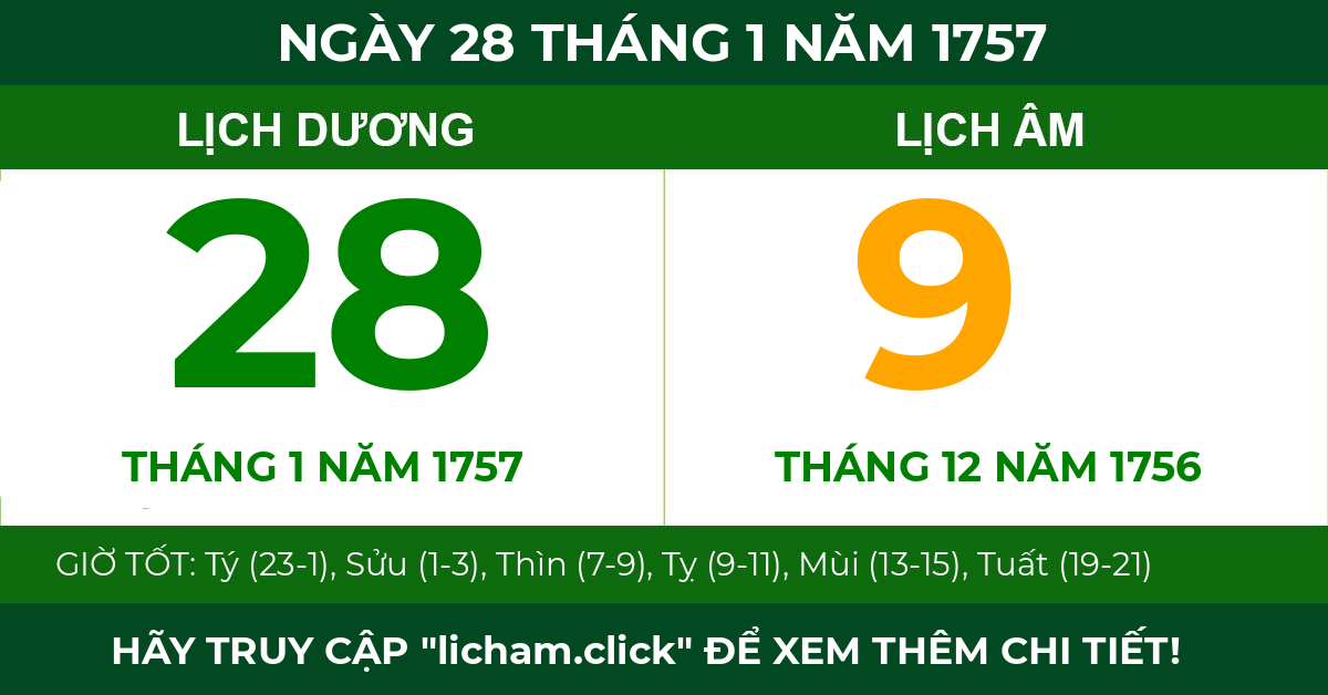 lịch âm ngày 28 tháng 1 năm 1757