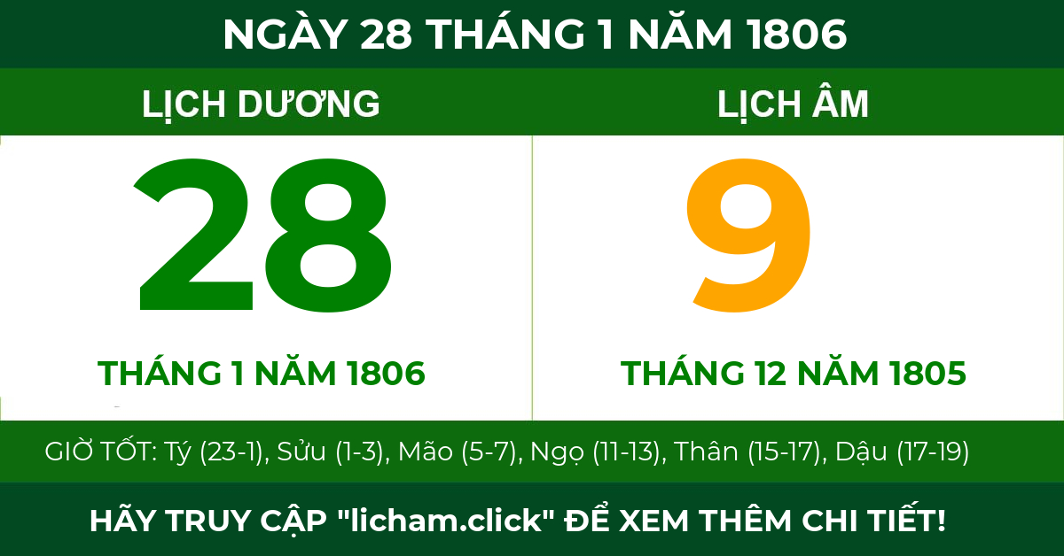 lịch âm ngày 28 tháng 1 năm 1806