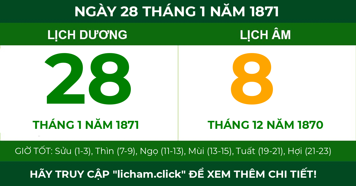 lịch âm ngày 28 tháng 1 năm 1871