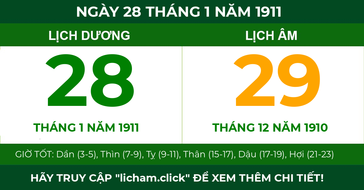 lịch âm ngày 28 tháng 1 năm 1911