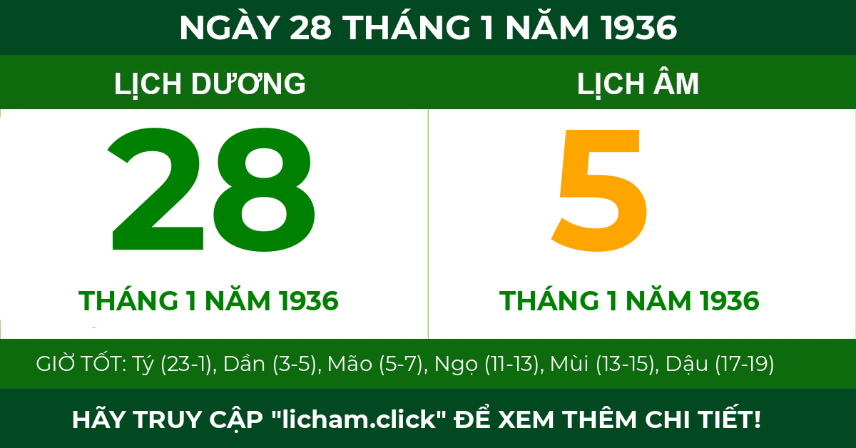 lịch âm ngày 28 tháng 1 năm 1936