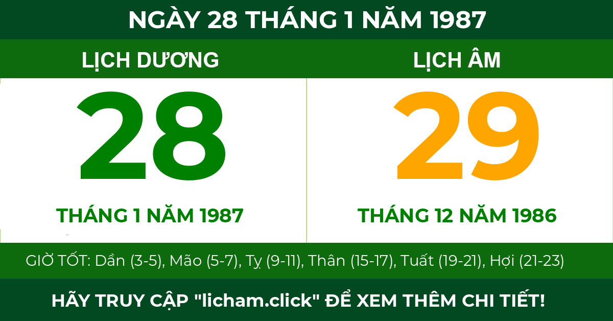 lịch âm ngày 28 tháng 1 năm 1987