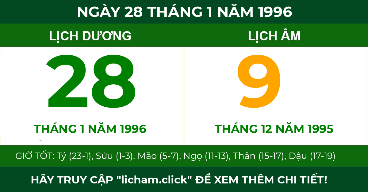 lịch âm ngày 28 tháng 1 năm 1996