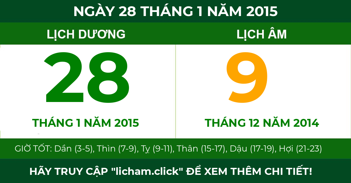 lịch âm ngày 28 tháng 1 năm 2015