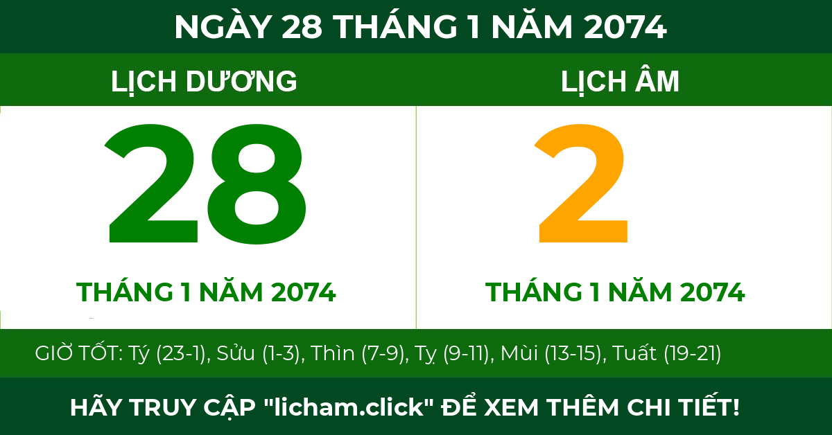 lịch âm ngày 28 tháng 1 năm 2074