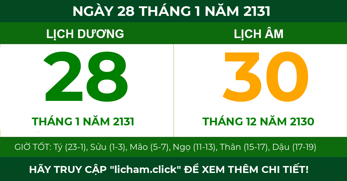 lịch âm ngày 28 tháng 1 năm 2131