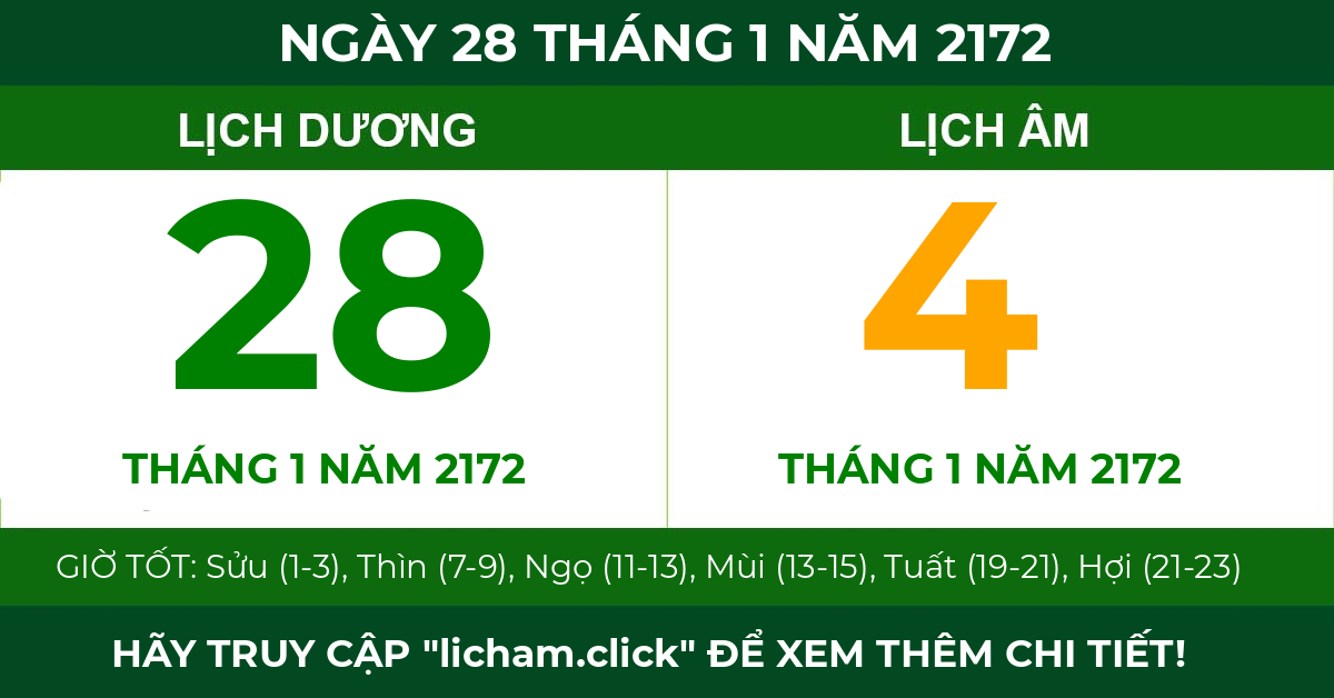 lịch âm ngày 28 tháng 1 năm 2172