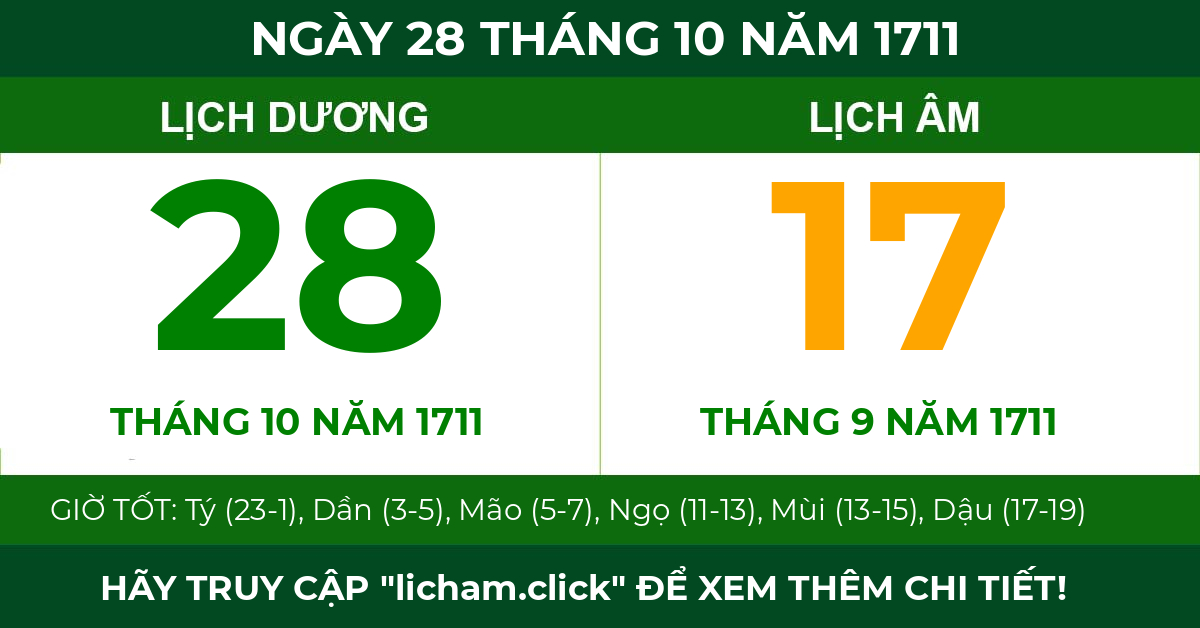 lịch âm ngày 28 tháng 10 năm 1711