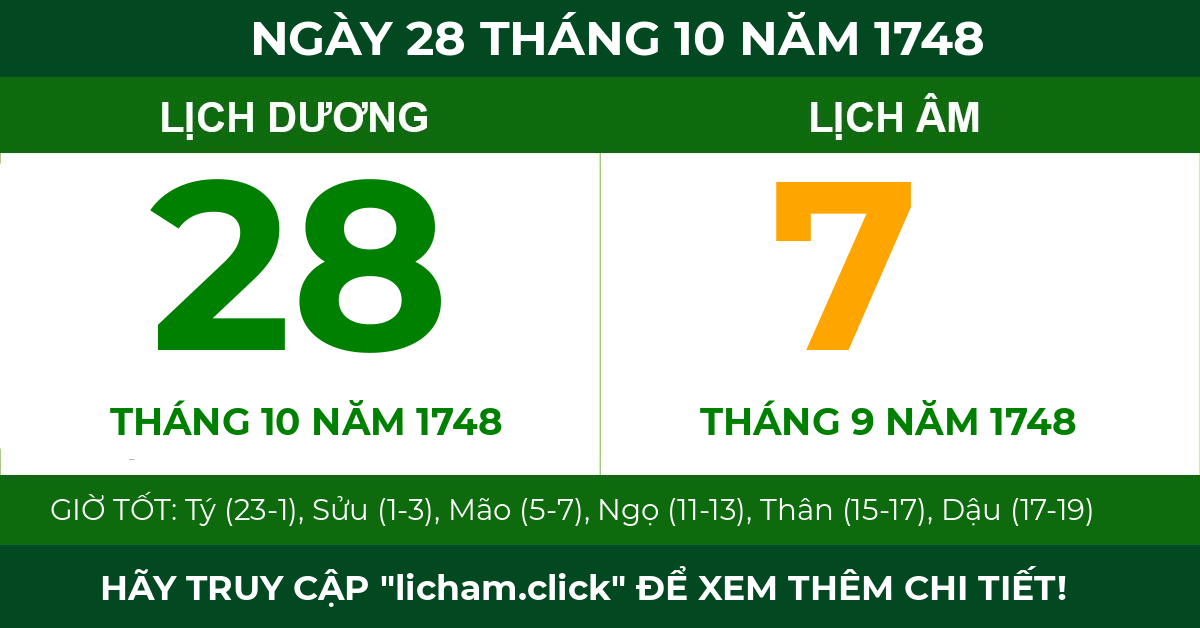 lịch âm ngày 28 tháng 10 năm 1748