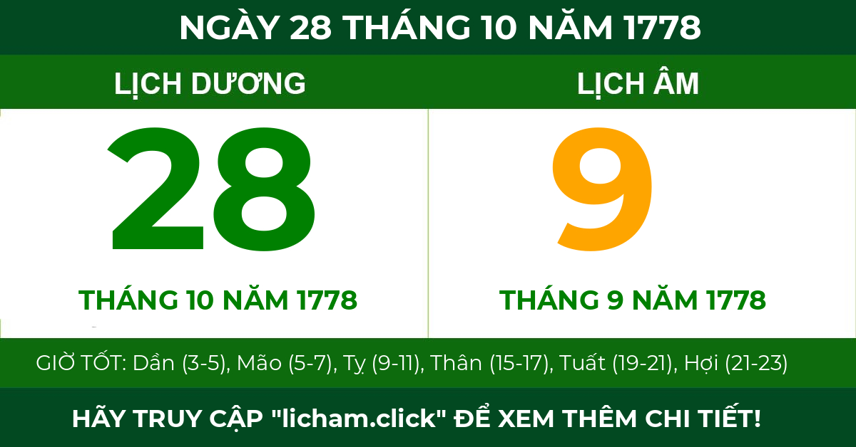 lịch âm ngày 28 tháng 10 năm 1778