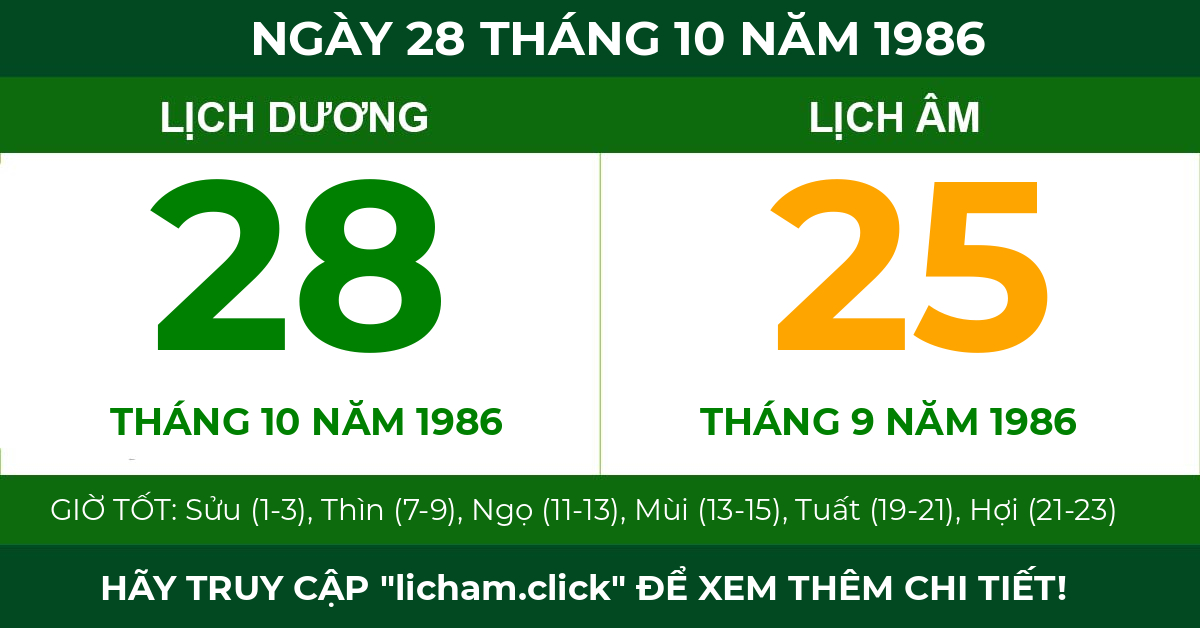 lịch âm ngày 28 tháng 10 năm 1986