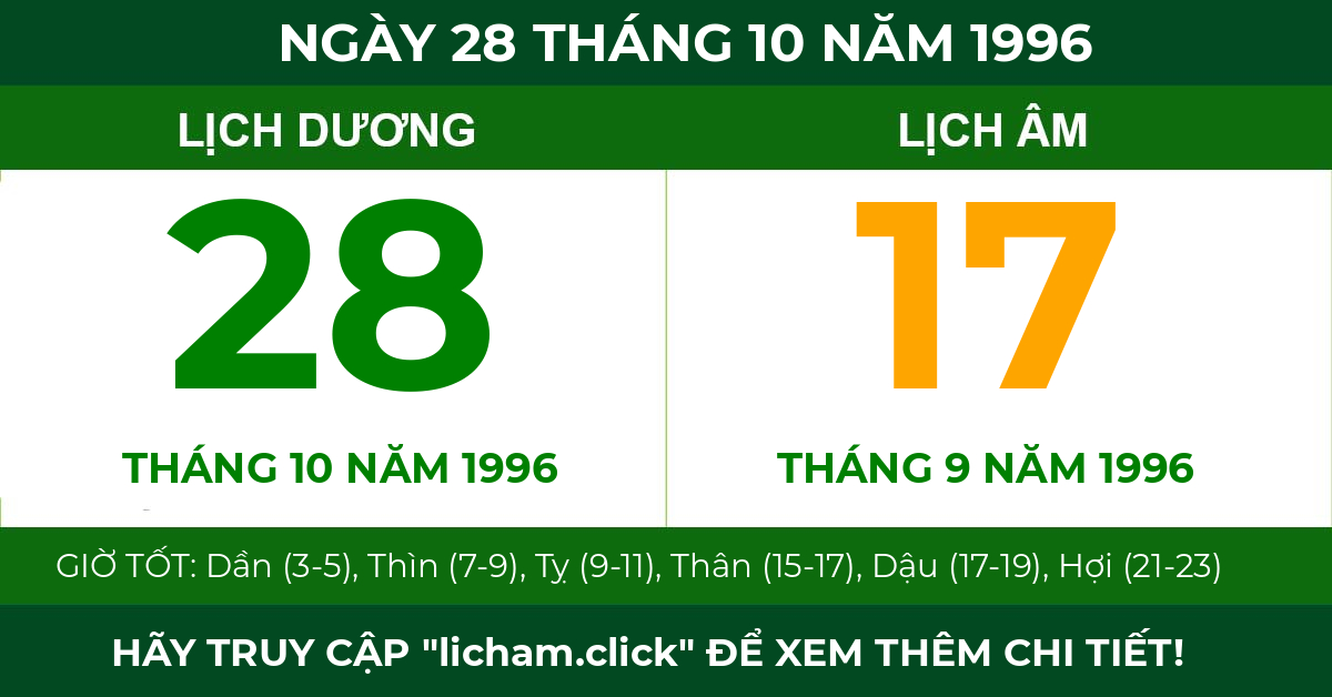 lịch âm ngày 28 tháng 10 năm 1996