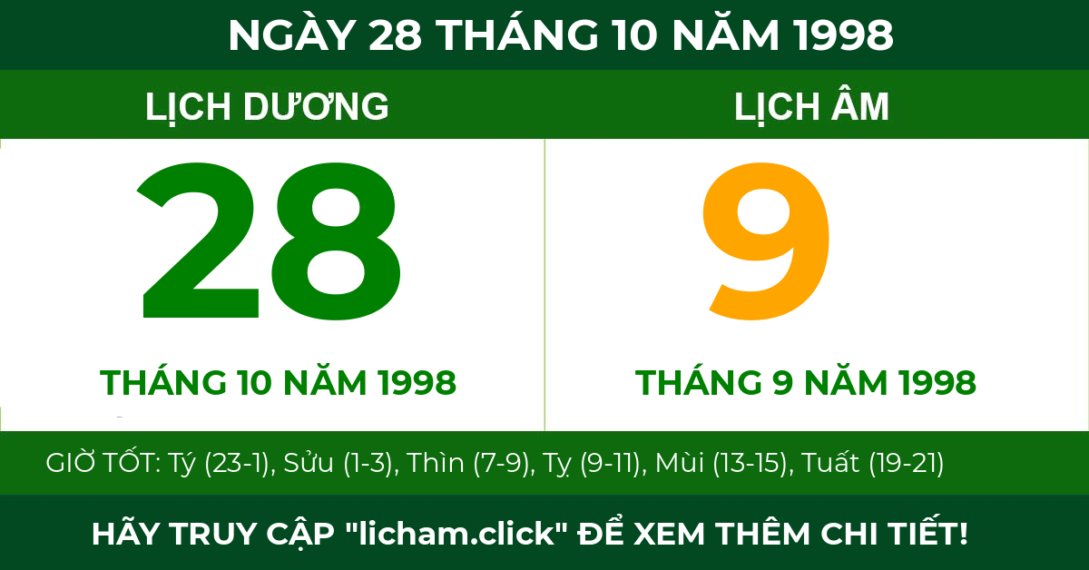 lịch âm ngày 28 tháng 10 năm 1998