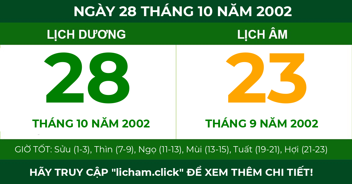 lịch âm ngày 28 tháng 10 năm 2002