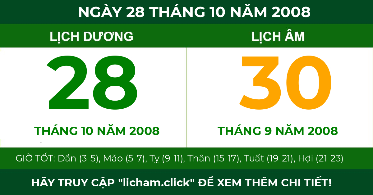 lịch âm ngày 28 tháng 10 năm 2008