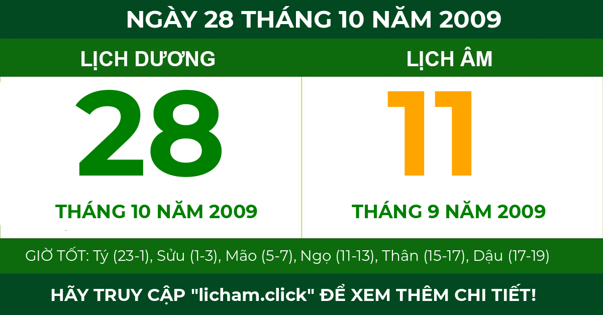 lịch âm ngày 28 tháng 10 năm 2009