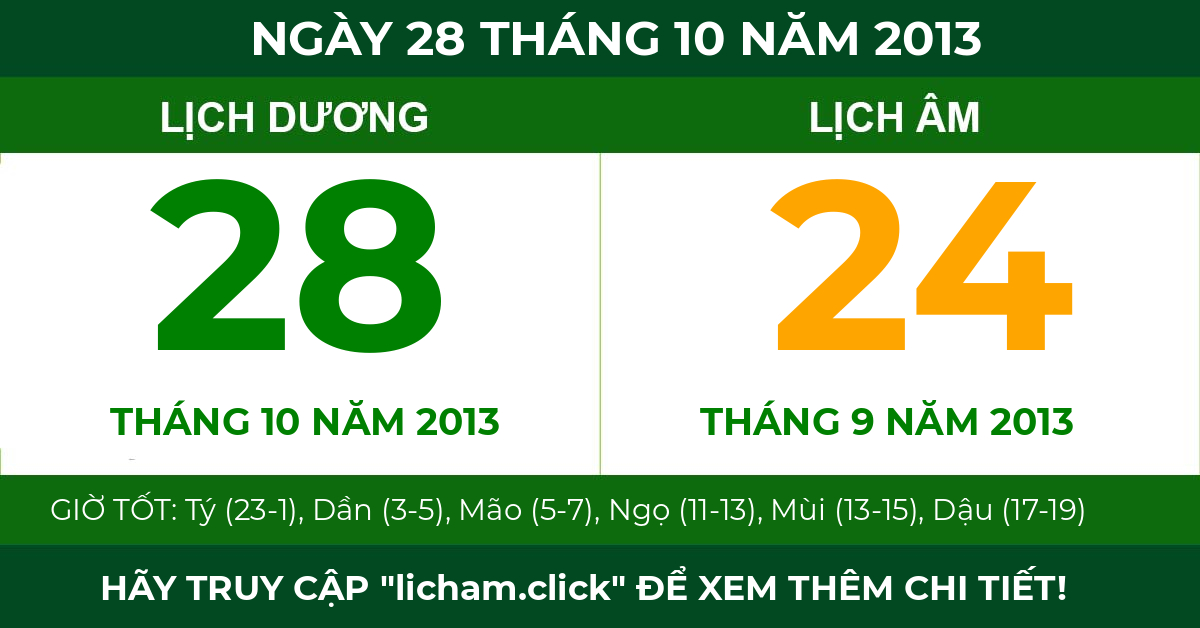 lịch âm ngày 28 tháng 10 năm 2013