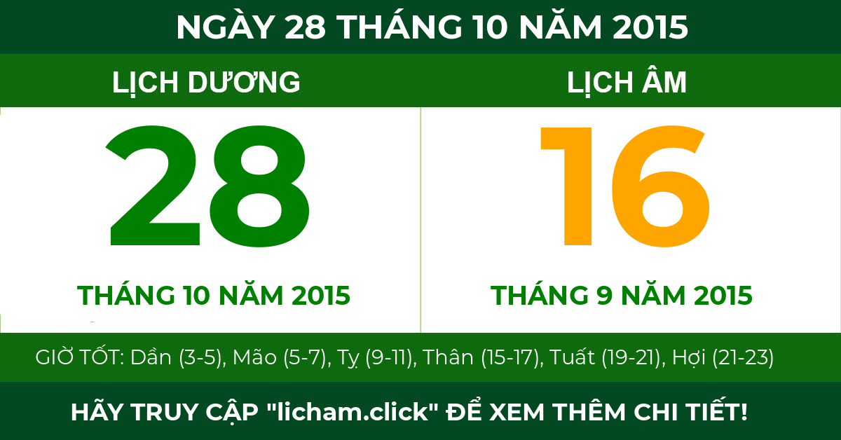 lịch âm ngày 28 tháng 10 năm 2015