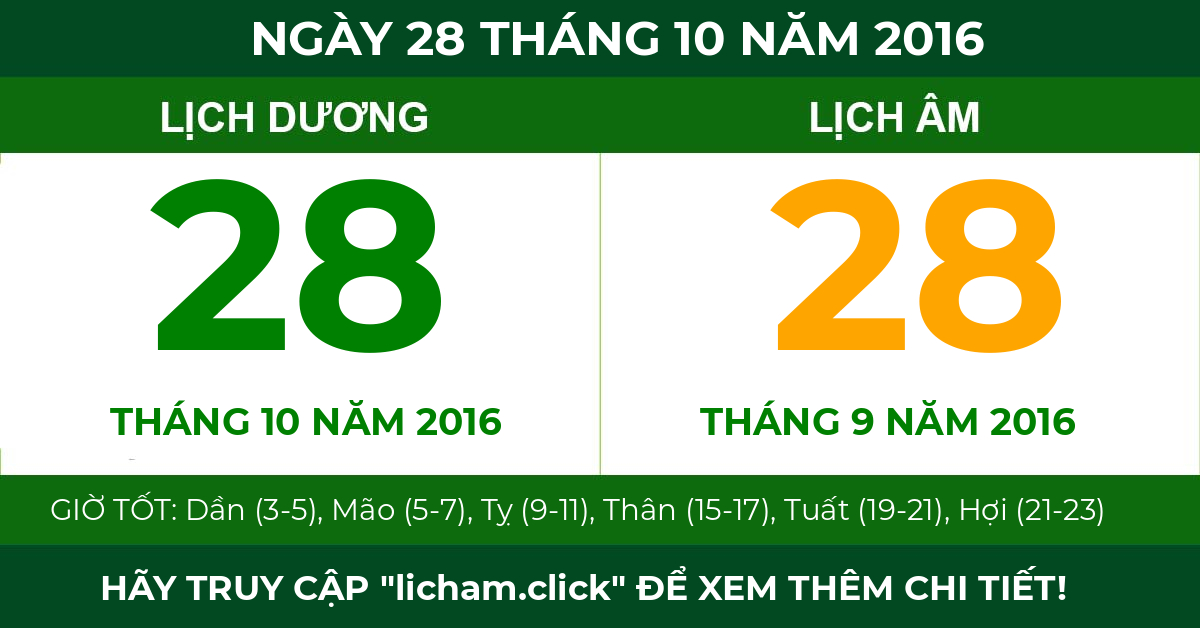 lịch âm ngày 28 tháng 10 năm 2016