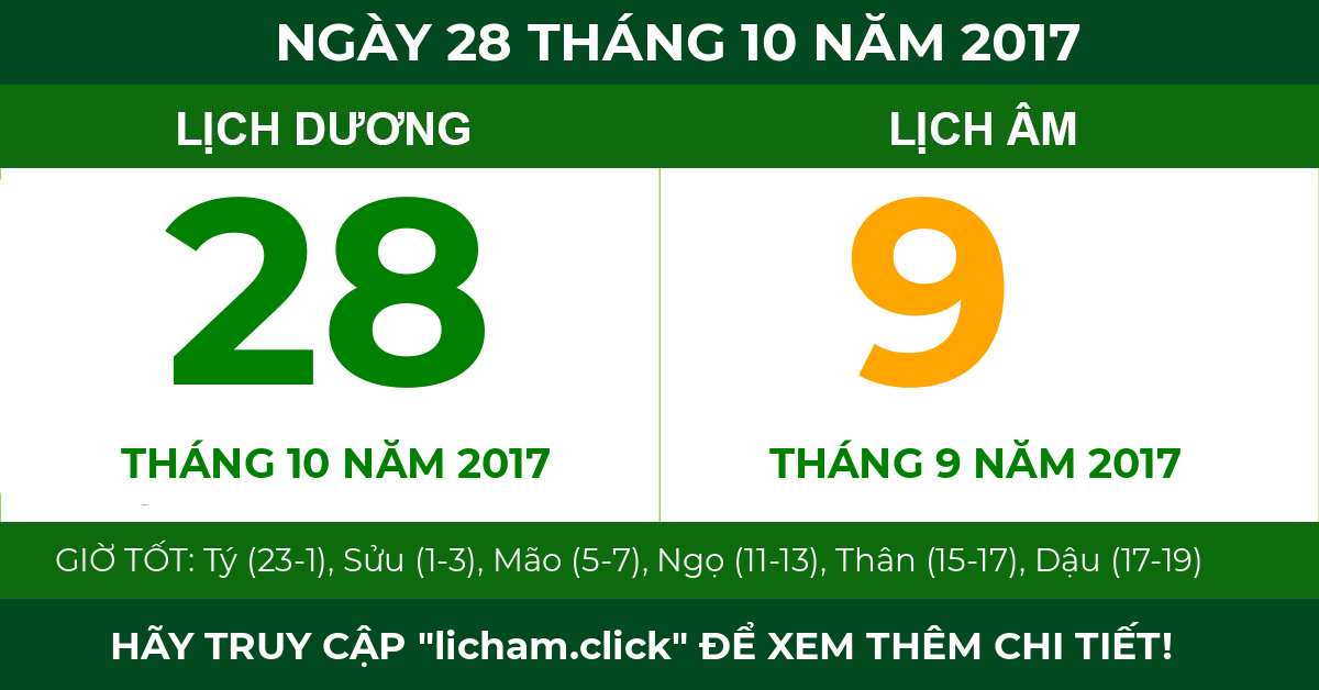 lịch âm ngày 28 tháng 10 năm 2017