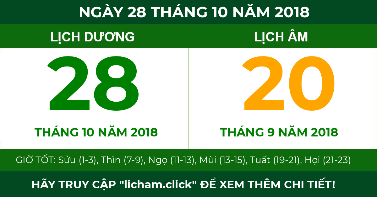 lịch âm ngày 28 tháng 10 năm 2018