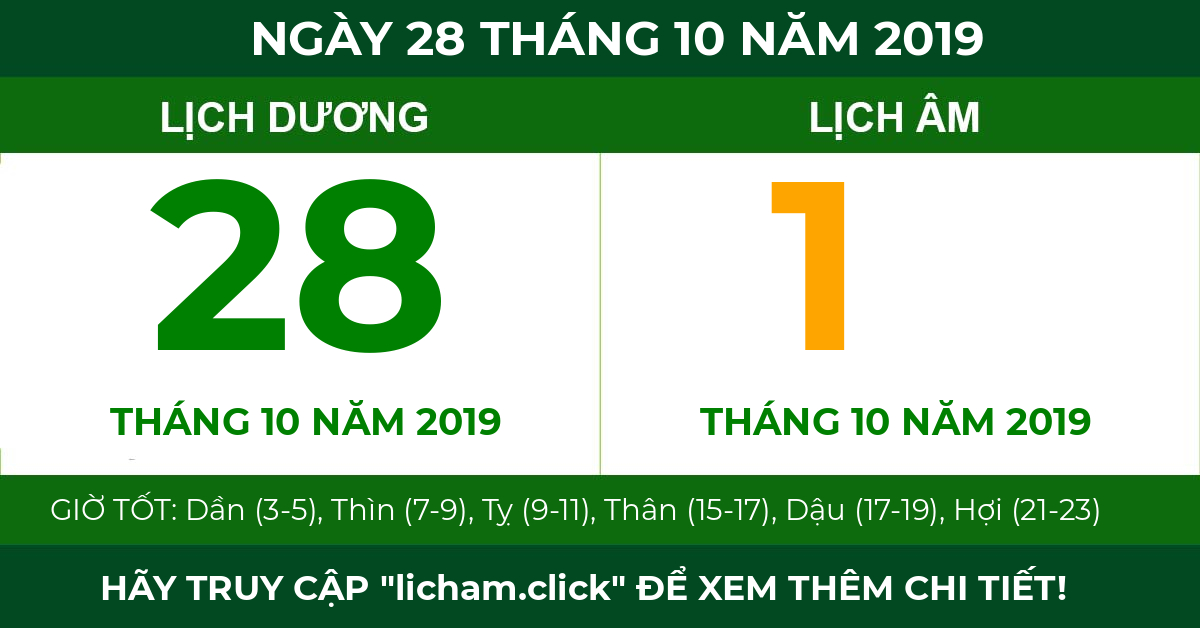 lịch âm ngày 28 tháng 10 năm 2019