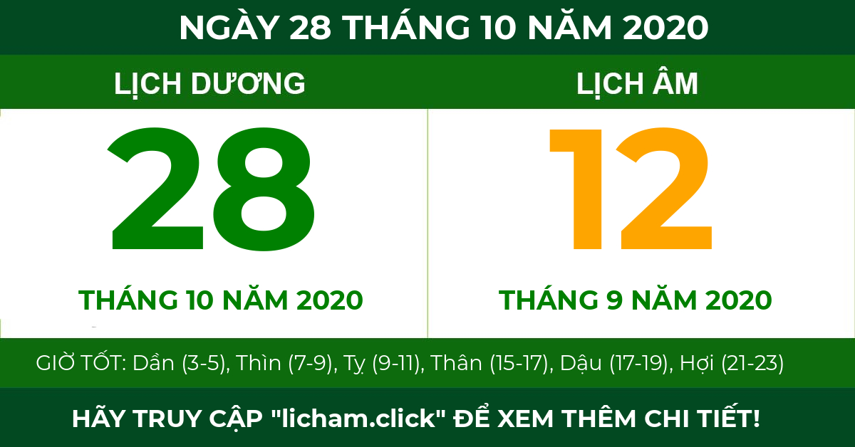 lịch âm ngày 28 tháng 10 năm 2020