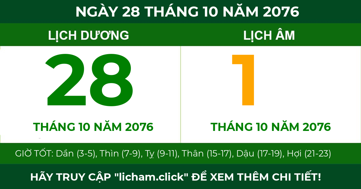 lịch âm ngày 28 tháng 10 năm 2076