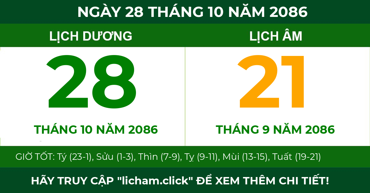 lịch âm ngày 28 tháng 10 năm 2086