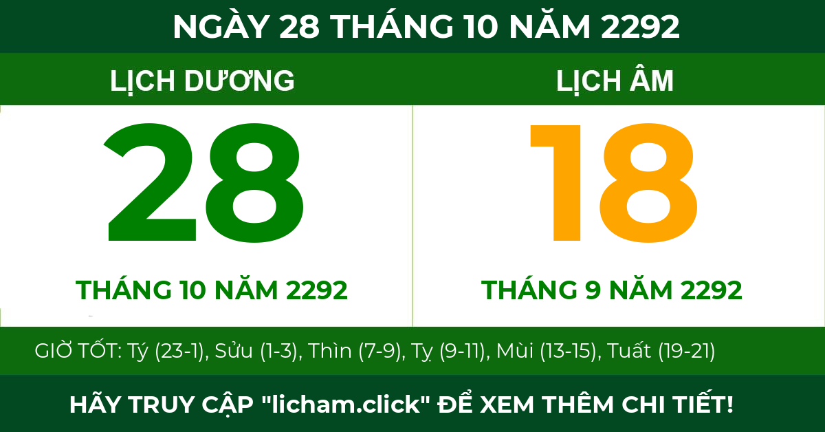 lịch âm ngày 28 tháng 10 năm 2292