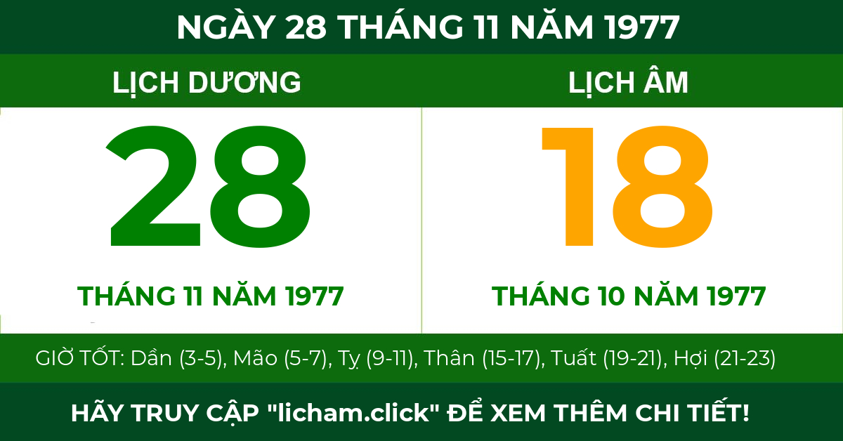 lịch âm ngày 28 tháng 11 năm 1977