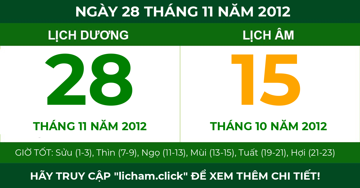 lịch âm ngày 28 tháng 11 năm 2012