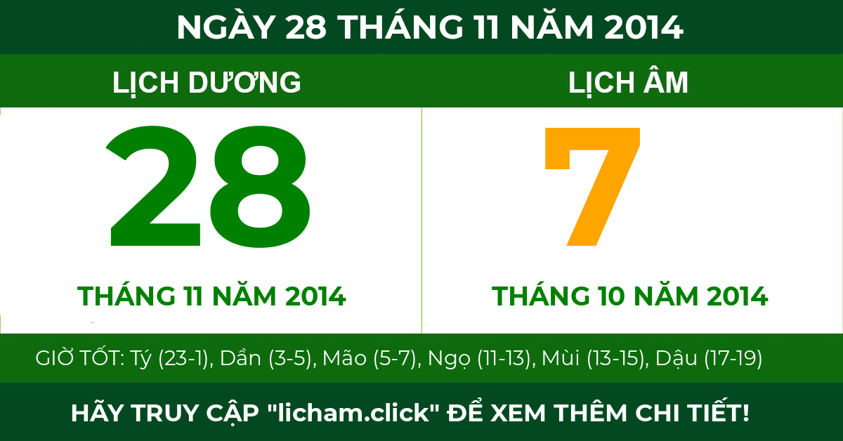 lịch âm ngày 28 tháng 11 năm 2014