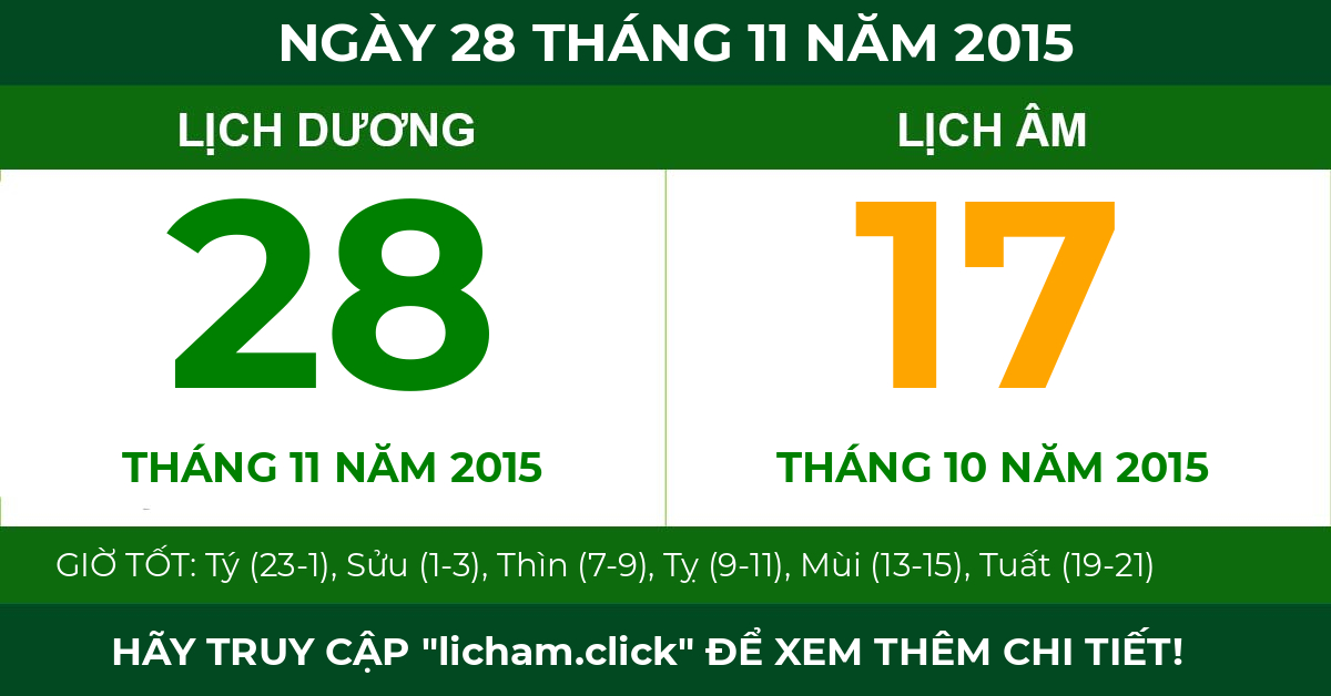 lịch âm ngày 28 tháng 11 năm 2015