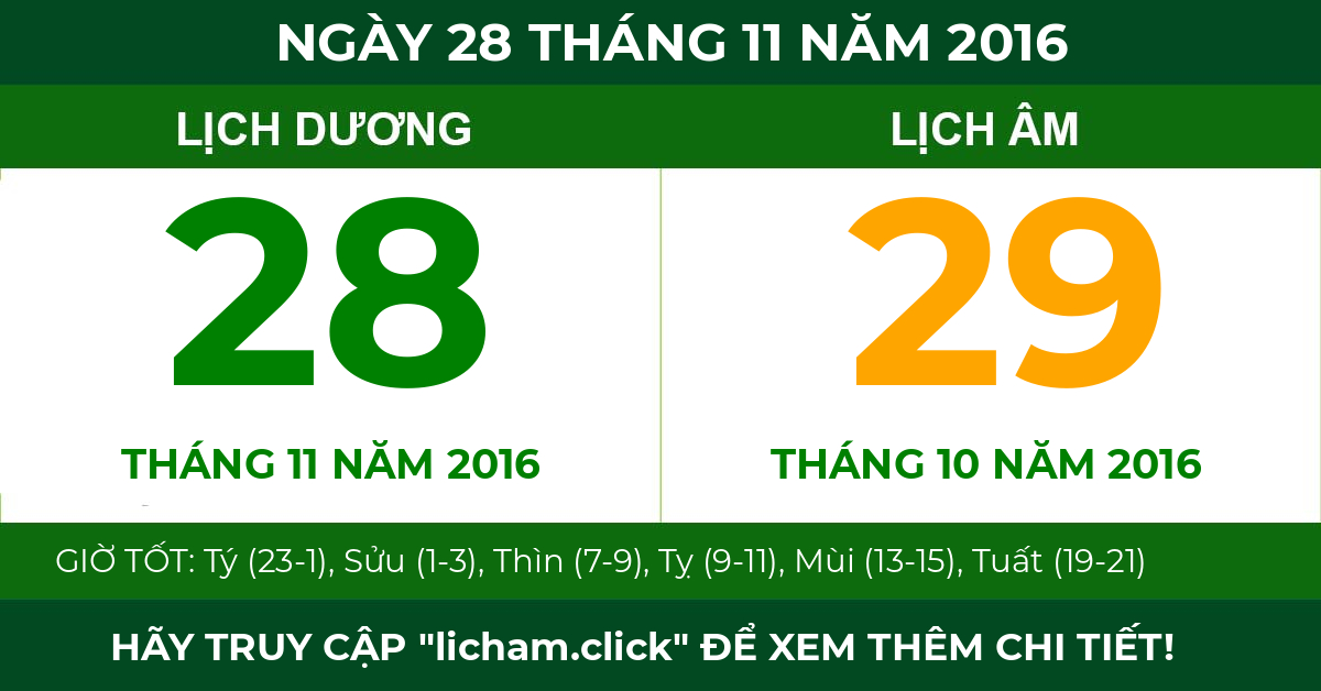 lịch âm ngày 28 tháng 11 năm 2016