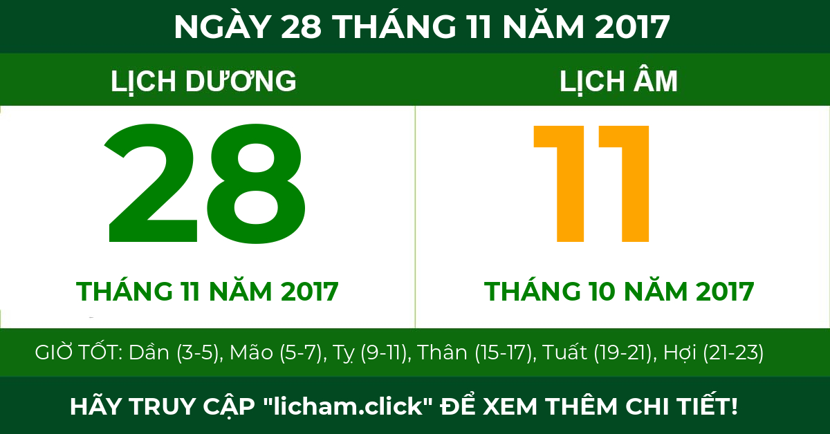 lịch âm ngày 28 tháng 11 năm 2017