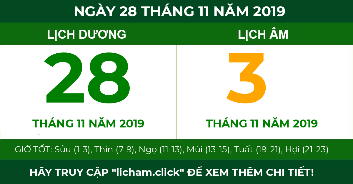 lịch âm ngày 28 tháng 11 năm 2019