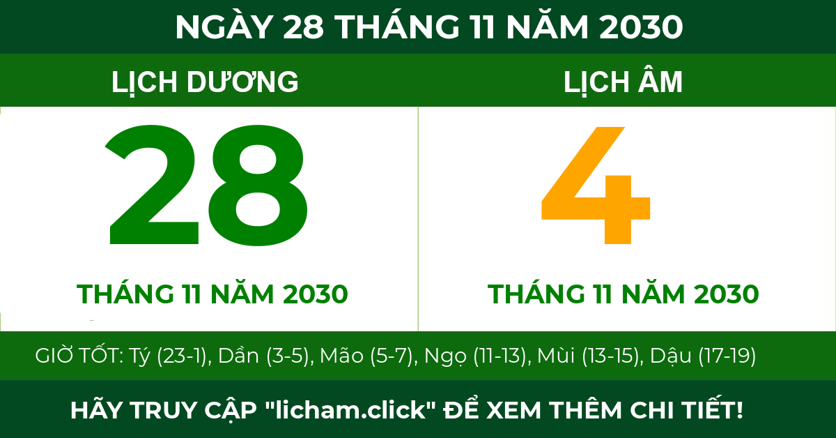 lịch âm ngày 28 tháng 11 năm 2030