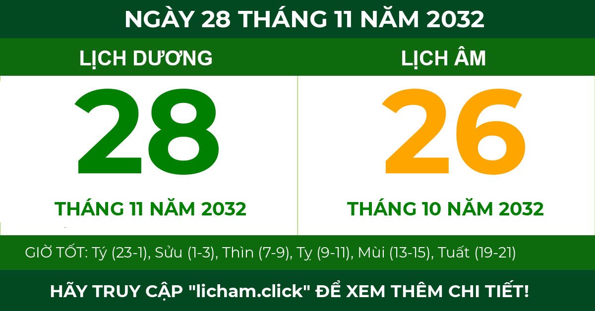 lịch âm ngày 28 tháng 11 năm 2032