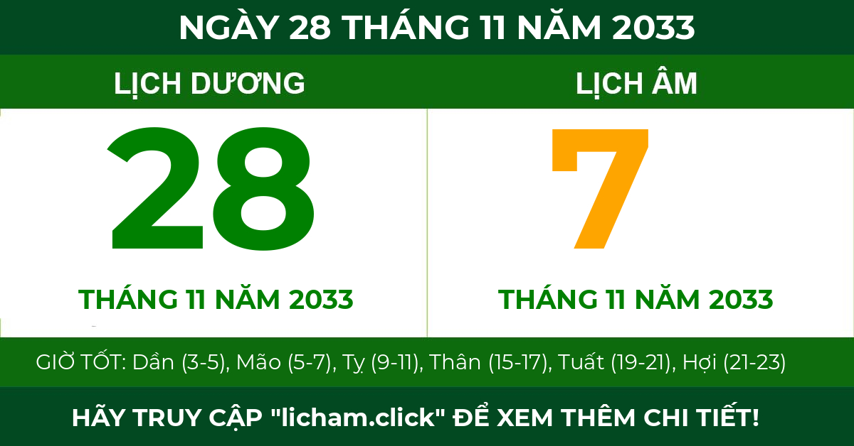 lịch âm ngày 28 tháng 11 năm 2033
