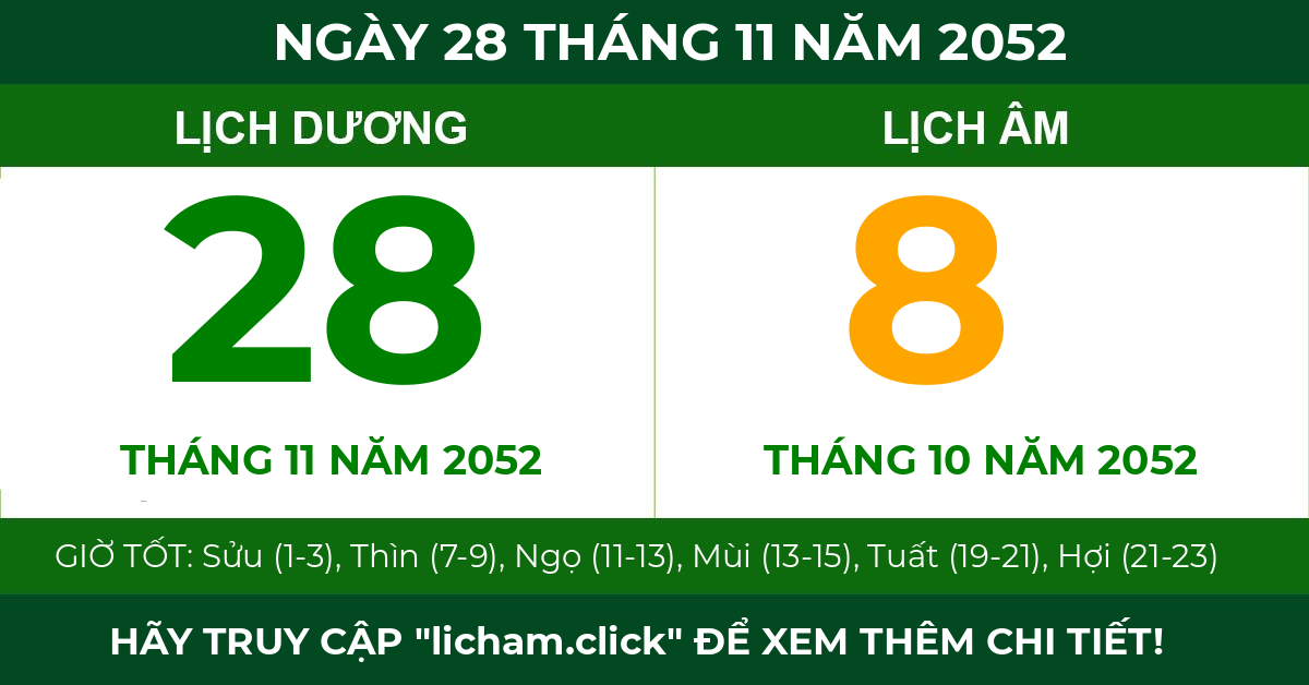 lịch âm ngày 28 tháng 11 năm 2052