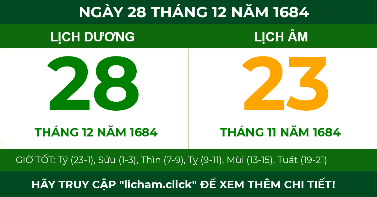 lịch âm ngày 28 tháng 12 năm 1684